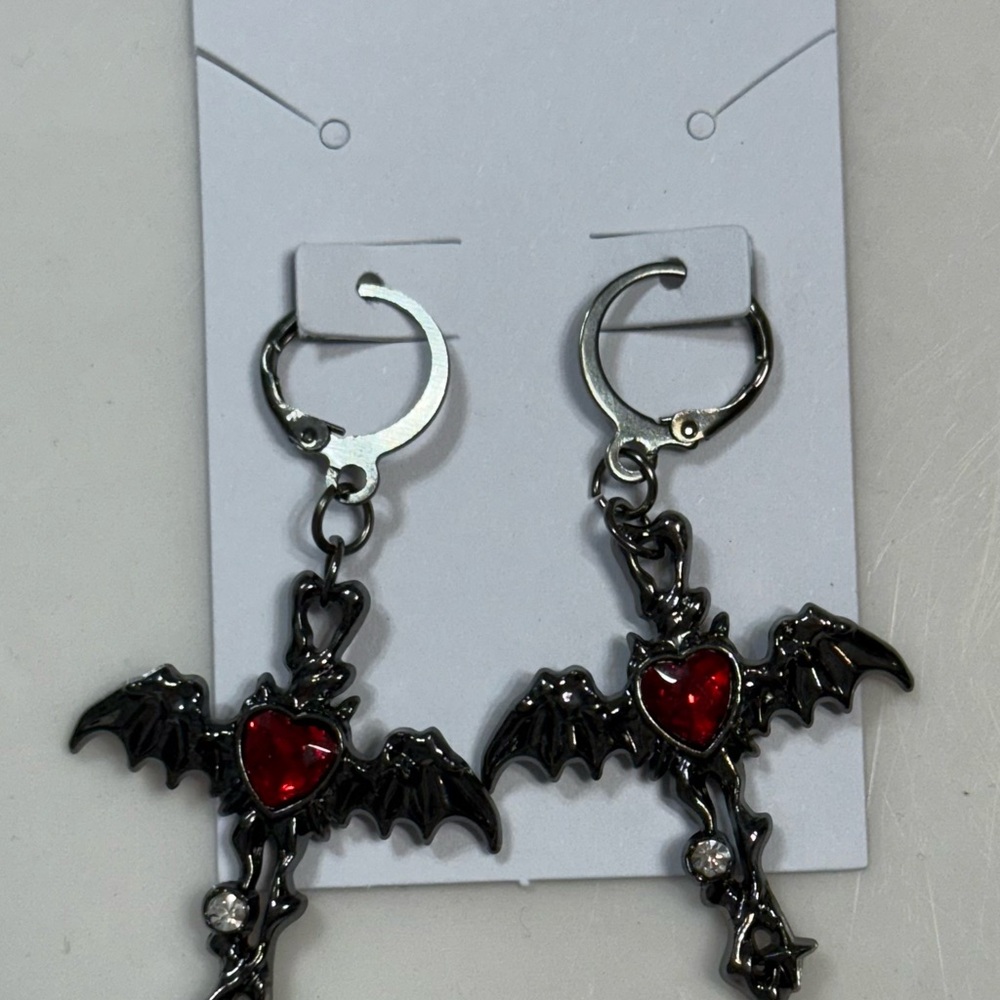 Gothic Bat Cross Earrings with Red Heart